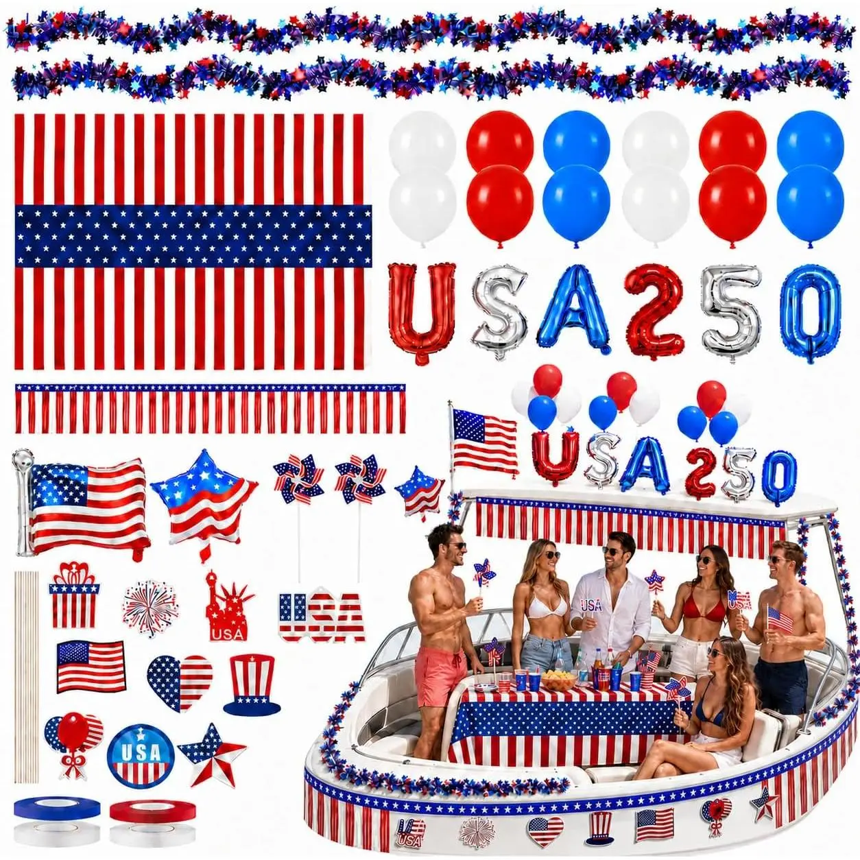 Cinrobiye 32 PCS 4th of July Boat Parade Decoration Kit Patriotic Independence Day Yacht Decorations 250th Anniversary Boat Float Supplies with Banner Balloons Ribbons Fringe for 250 Years Party Decor