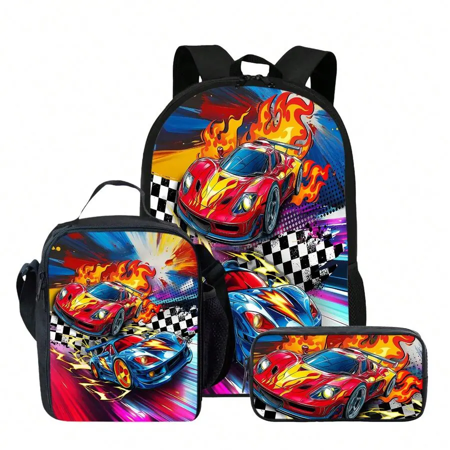 Flame Racing Car Print 3-Piece Set - Large Capacity Backpack With Lunch Bag & Pencil Case, Durable & Lightweight, 17in Bookpack