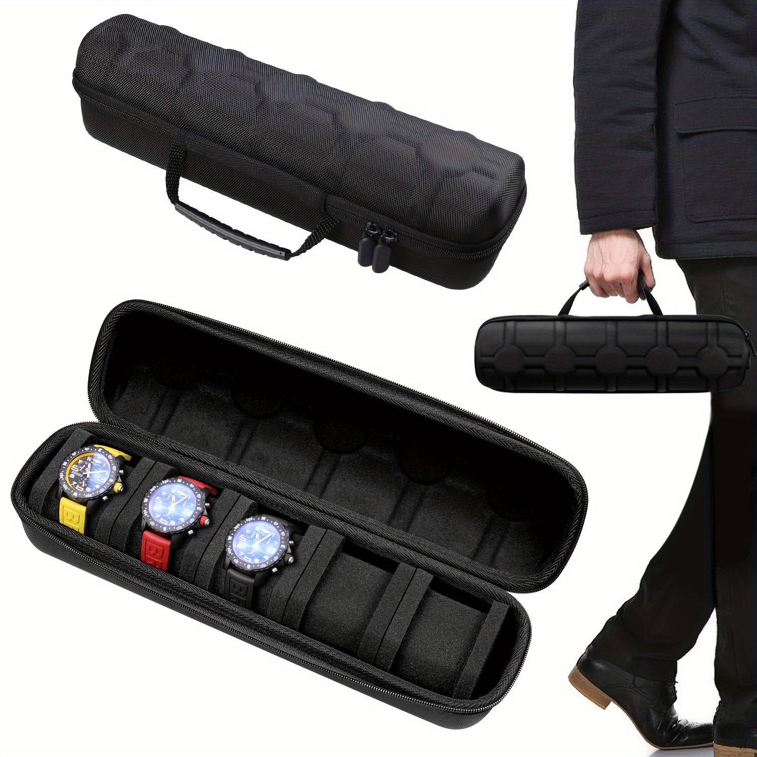 Watch portable storage suitcase with 5 card positions, large-capacity hard case watch storage display box, suitable for men's and women's smart watch storage, with soft foam pillow and handle.