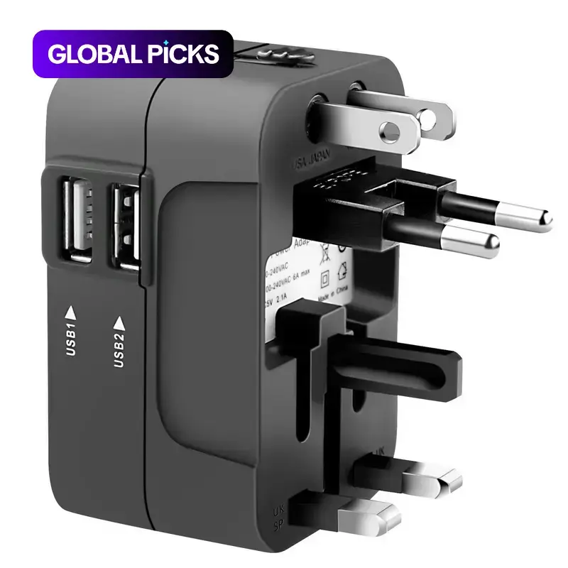 Universal Travel Adapter with 2 USB Ports 5V 2.1A, 10W, AC Outlet 650 W / 110 V and 1300 W / 220 V, No Voltage Conversion, Global Plug Adapter for UK EU US AU, USB Plug-In Multi-Socket Power Adapter, International Plug Adaptor #GLOBAL PICKS