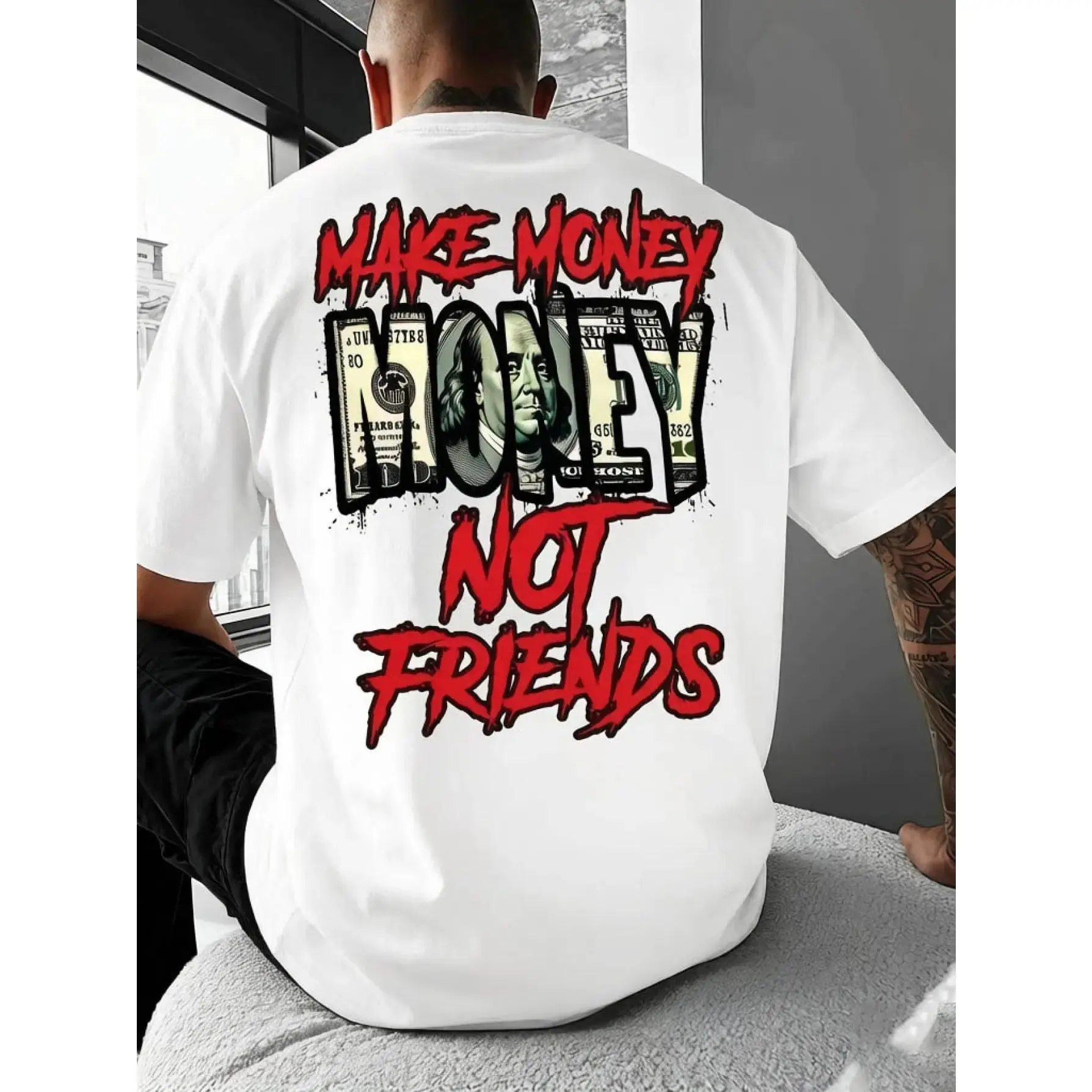 Men's Cotton Round Neck Short Sleeve Shirt - "Make Money Not Friends" Slogan Graphic, Retro Streetwear Menswear, Soft Breathable, Casual Crew Neck Apparel, Summer Outdoor & Daily Commute Gift, Shortsleeve, Classic, All Seasons, Machine Wash, Sporty Chic,