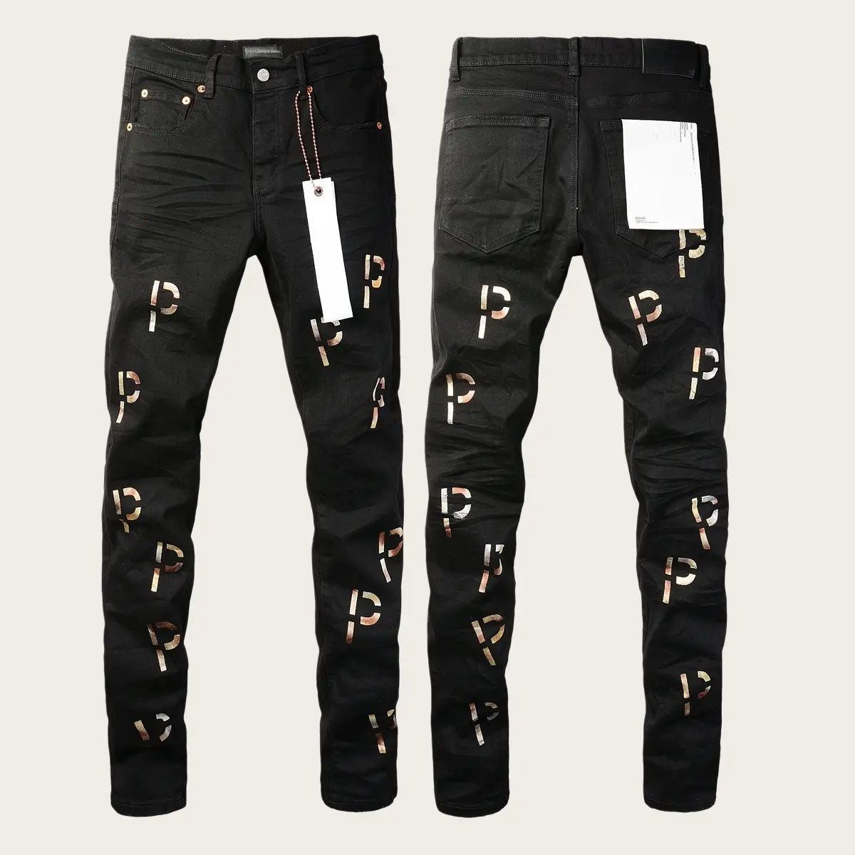 Mens Y2K Vintage Luxury Designer Stacked Jeans Trend Vintage Washed Knee Ripped Paint Splash Slim Tapered Cuff Stretch Denim New Tags US Sizes 28-40