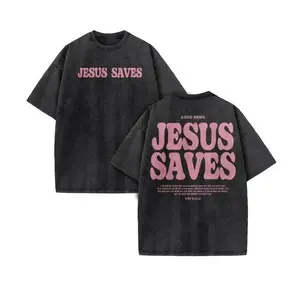 Unisex Graphic Tee Jesus Saves Christian Faith Print Vintage Acid Washed Design Oversized T Shirt Streetwear Style Crewneck Short Sleeve Soft Cotton Breathable Loose Fit Daily Wear Inspirational Religious Gift Trendy Aesthetic Top