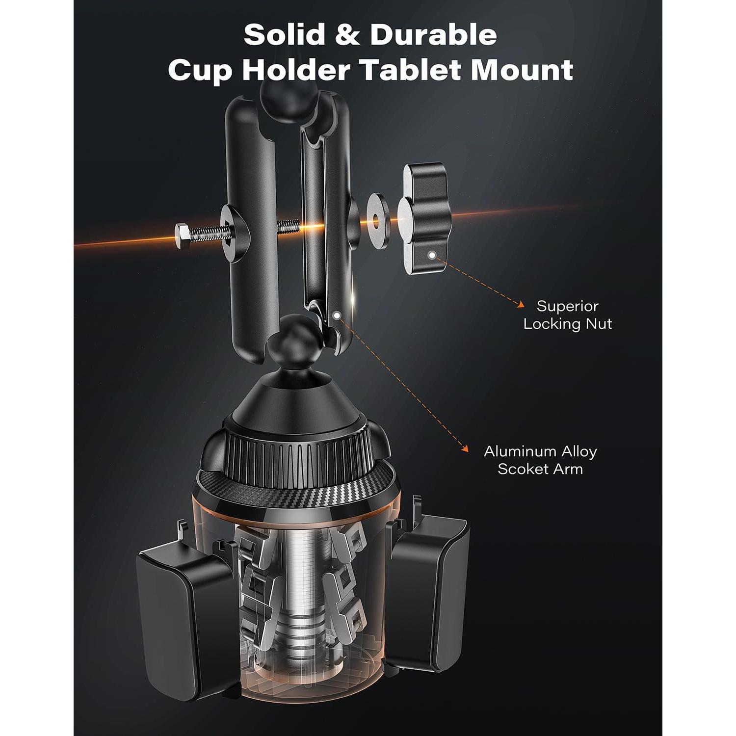 iPad Cup Holder Mount, Adjustable Alloy Arm for , Tablet Mount Road Trip Essentials Compatible With 4.7"-12.9" Cell Phones & Tablets