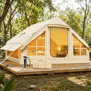 Inflatable Camping Tent with Pump, 4-6 Person Extra Large Inflatable House Tent, Camping Tent with Mesh Window and Chimney Window Sunshade, Beige