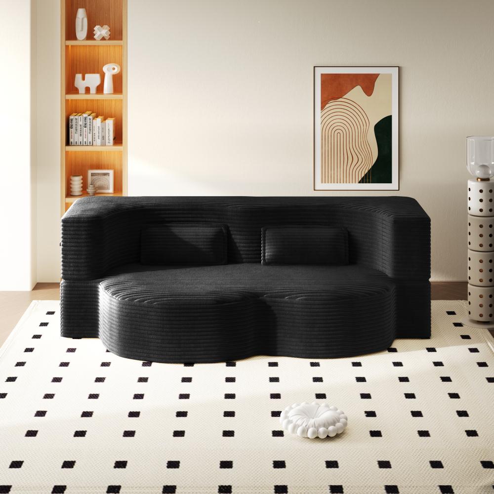 Modern Floor Sofa with 2 Pillows, Convertible Corduroy Fabric Foam-Filled Sleeper Sofa Bed, 15" Twin Size Folding Mattress for Living Room, Guest Bed, Playroom, no Assembly Required