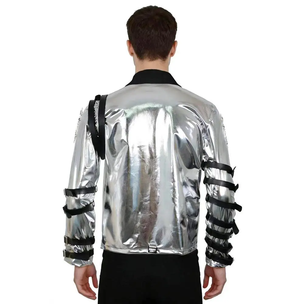 Movie Michael Cosplay Coat Costume Silver Leather Jacket Superstar Stage Performance Uniform Carnival Party Clothes