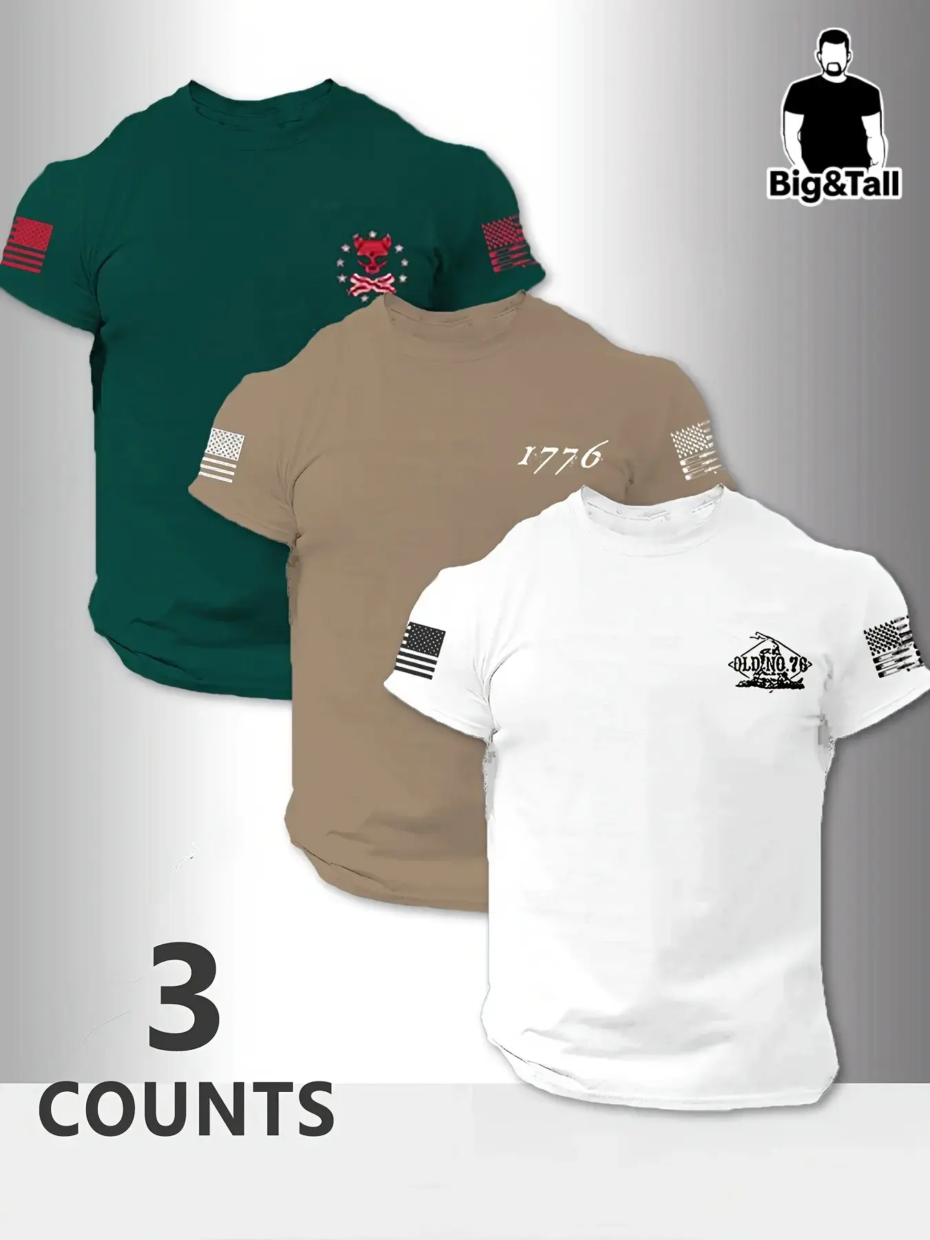 3-Pack Plus Size Men's T-Shirts, Usa Patriotic Print Set, Flag Gun Design, Three Colors, Casual Loose-Fit Long Tee, Casual Summer Clothing