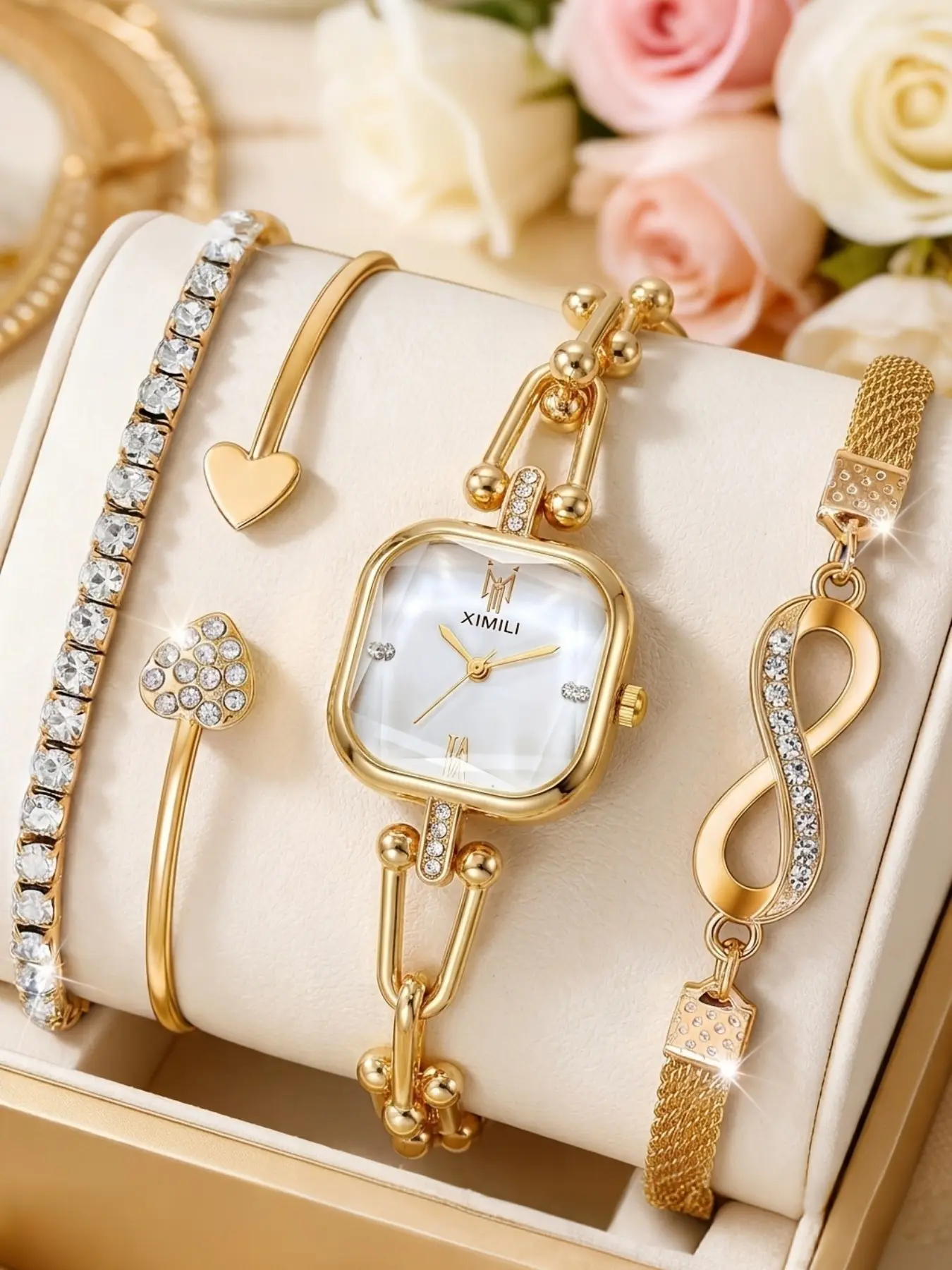 4pcs Women's Elegant Fashionable Watch Bracelet Set, Perfect Gift for Birthday, Anniversary, Mother's Day, Boho Style, Quartz Movement, Zinc Alloy Case