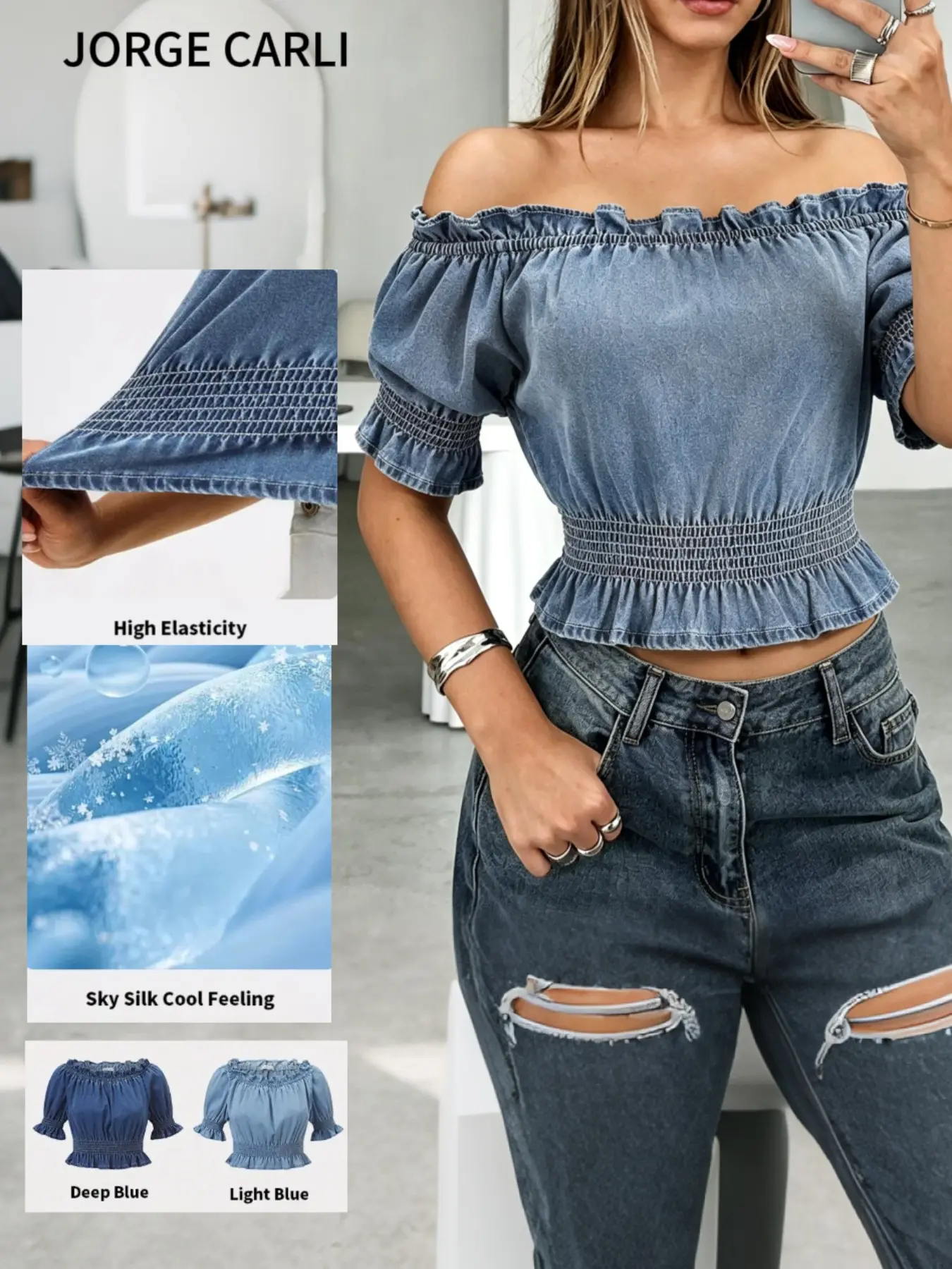 JORGE CARLI  Women's Thin Lightweight French Denim One-Shoulder Short Boho Ruffles Blouse Top, Fashionable and Versatile, Perfect for Casual Wear, Stylish and Comfortable