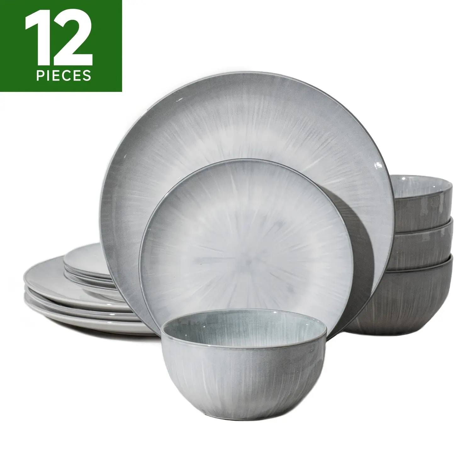 12 Pcs Pad-painted Porcelain Dinnerware Set, Service for 4, Round Plates and Bowls, Microwave & Dishwasher Safe, Ideal Christmas Gift