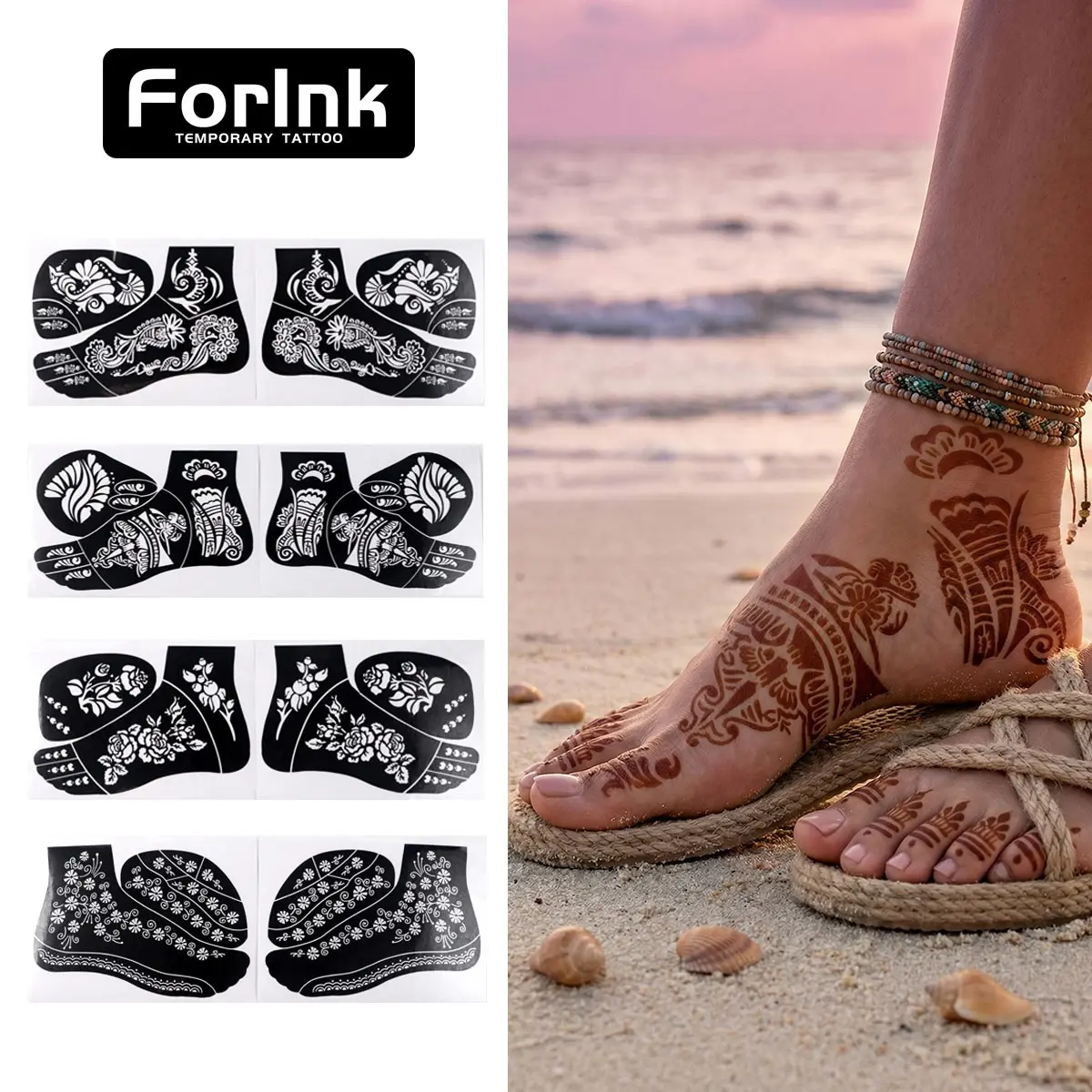 Set of 2 Floral Lace Foot and Ankle Henna Designs Tattoo Stencils, Reusable Temporary Tattoo Templates, Body Art Painting Tools