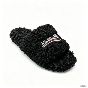 Women Curly Fuzzy Slide Slippers, Fluffy Black Teddy Plush Open Toe Slides with Embroidered Strap, Soft Cozy Indoor Outdoor Slip On Casual Sandals, Warm Comfy Fashion House Slippers for Daily Street Walking curly fuzzy slippers women