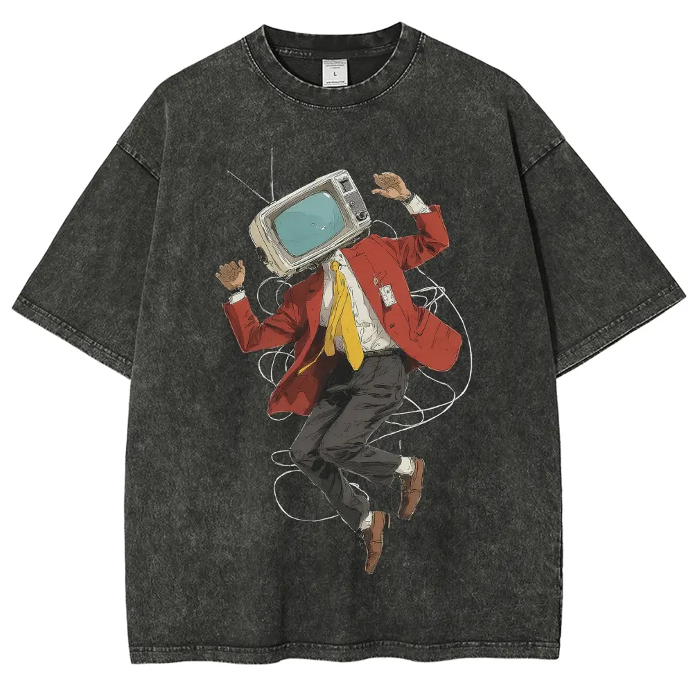 Unisex Anime of a TV professional leaping into the air Graphic Washed T-Shirt Personalized Pattern Y2k Clothing Round Neck Washed T-Shirt,Women's Clothing 100% Cotton, Menswear, Top, Vintage Style,Summer Casual Oversized