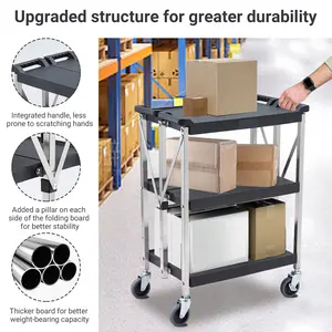3-Tier Foldable Service Cart, Heavy Duty Folding Utility Carts with Lockable and Wheels, 300LBS Service Tool Wagon for Restaurant, Garage, Warehouse, Kitchen Storage & Transport