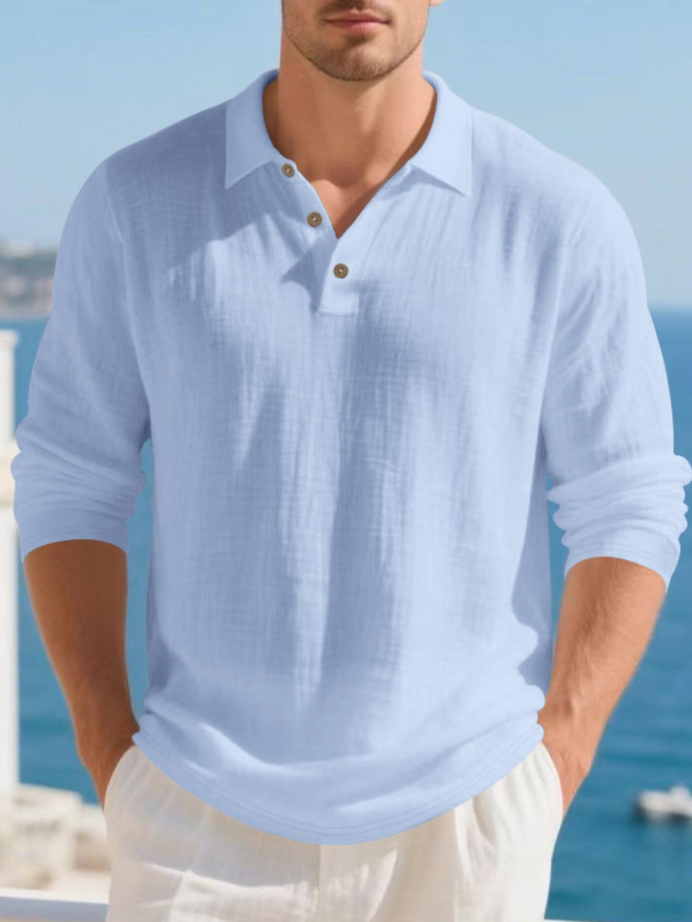 Men's Linen Long Sleeve Polo Shirt, Beach Vacation Style, Skin-Friendly Breathable Loose Fit, Casual Spring & Fall Wear, Menswear