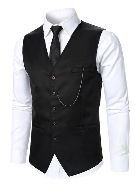 Two-Piece Set Men's Solid Button Front Suit Vest & Pocket Pants Suit Set, Chain Decor V Neck Top & Trousers, Men's Formal Outfits for Work Office Business Two-Piece Set Men's Solid Button Front Suit Vest & Pocket Pants Suit Set, Chain Decor V Neck Top & Trousers, Men's Formal Outfits for Work Office Business