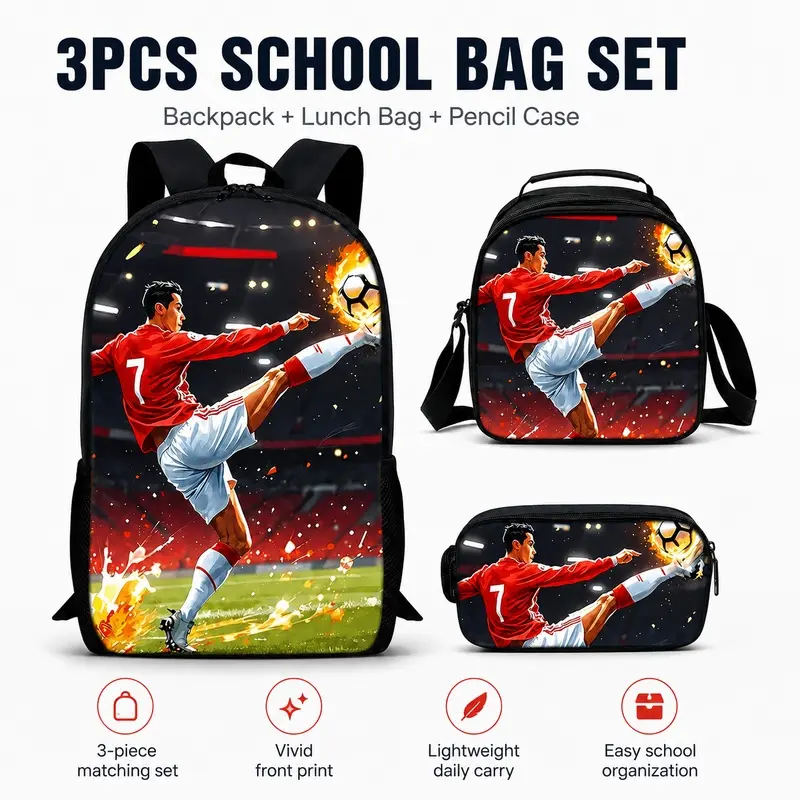 Football pattern printed 17-inch Youth Backpack For School three-piece set (single-layer backpack + round lunch bag with shoulder strap + single-layer pencil case) School Backpacks