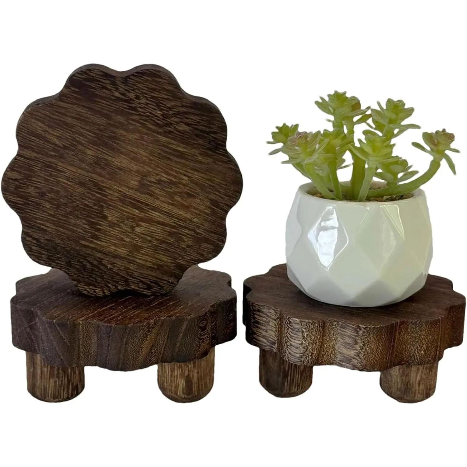 3-Pack 4in Tiny Scalloped Wood Risers with Removable Feet - Dark Brown Mini Wooden Display Stands for Farmhouse Rustic Tiered Trays, Home Kitchen Room Decor