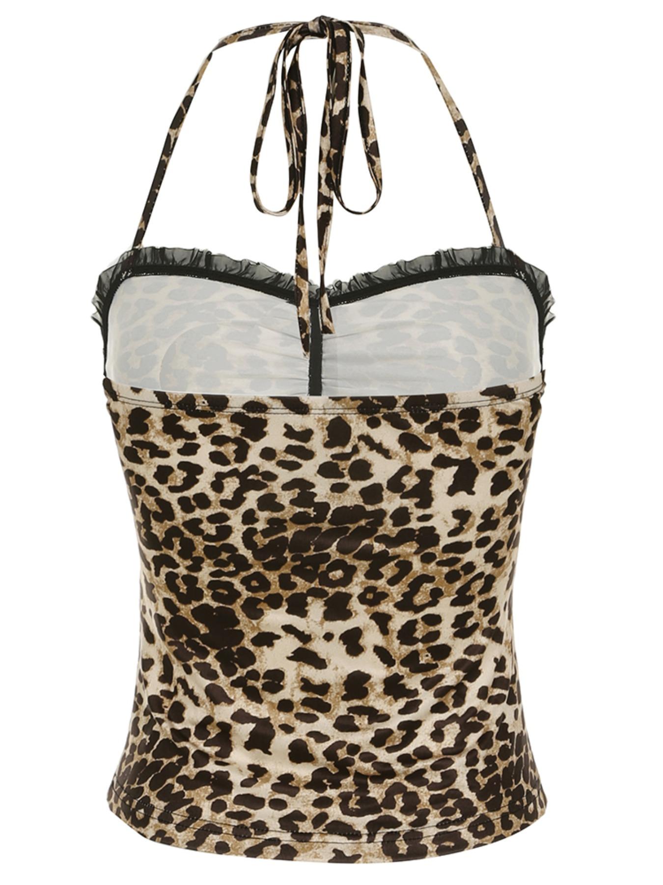 Women's Leopard Print Ruched Halter Neck Top, Fashion Casual Sleeveless Frill Trim Top for Daily Outdoor Wear, Ladies Clothes for Summer