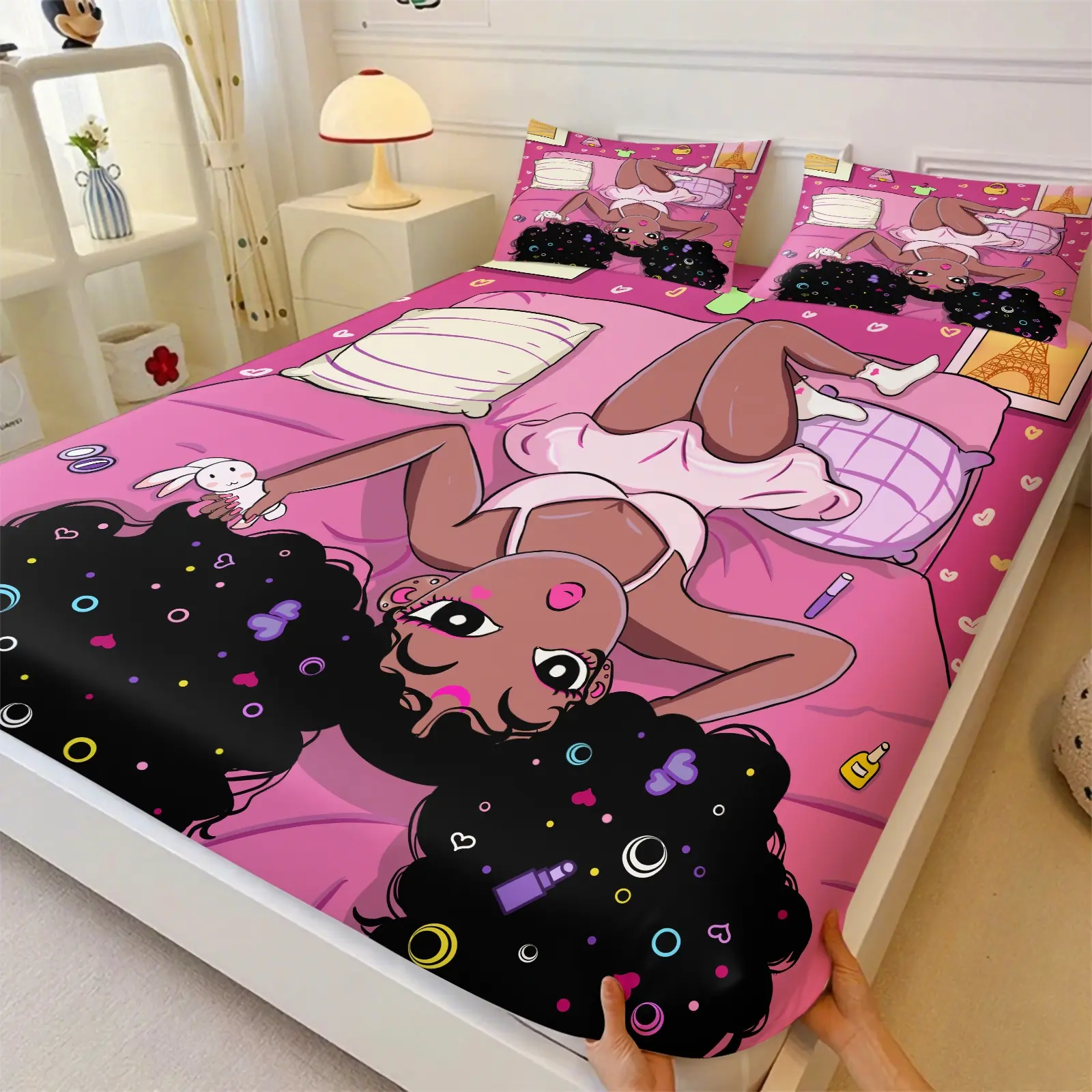 Y2K Black Girl Magic Afro Girl Fitted Sheet Set, Includes 2 Pillowcases, Soft Pink Kid-friendly Tone, Breathable Washable Anti-slip Fabric, Decor For Girls Dorm Rental To Build Sweet Healing Rest Nook