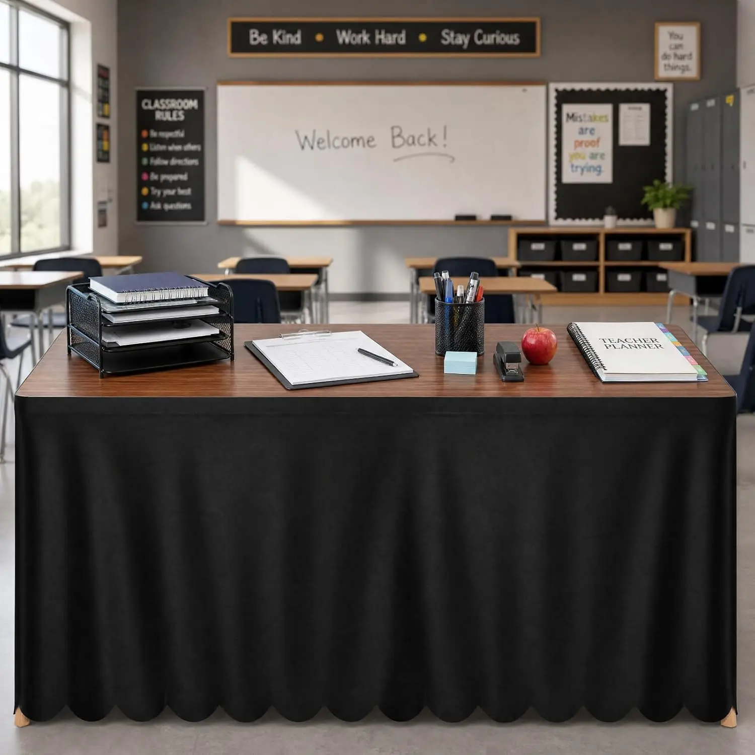 Tudomro Teacher Table Skirt Ruffled Teacher Desk Tablecloth 72" x 30" Ruffle Desk Skirt for School Classroom Office Rectangle Round Table Cover Dessert Decor (Scalloped,6ft,Black)