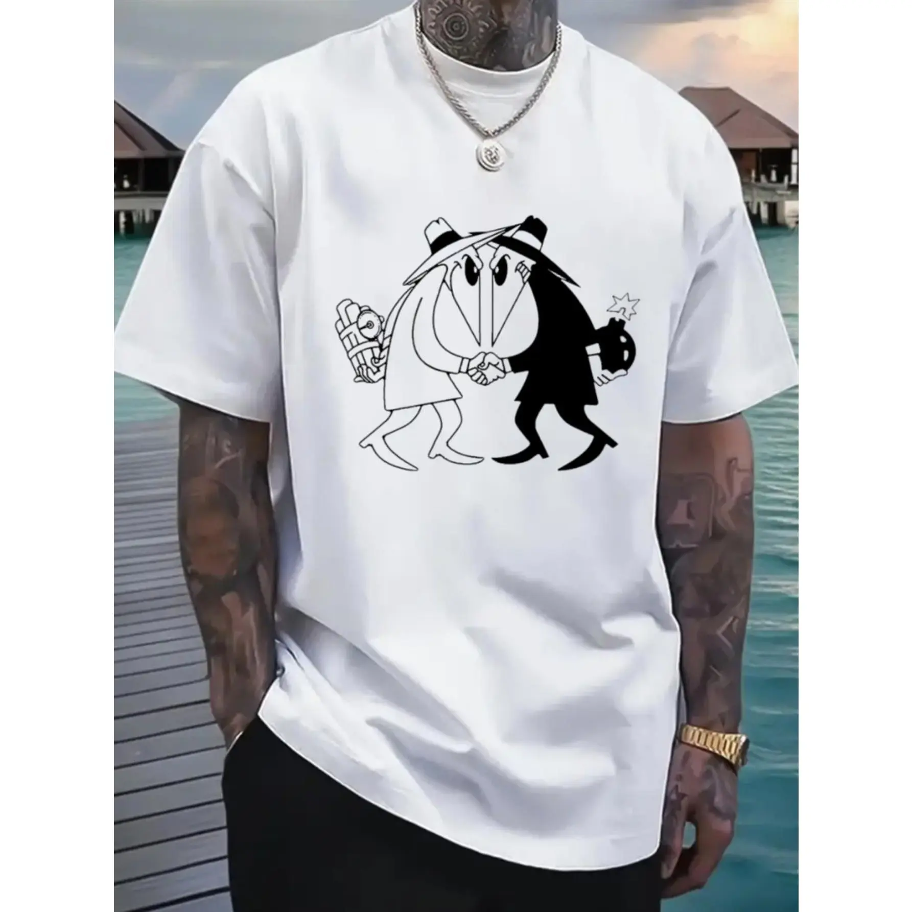 Women's Heavyweight Cotton Shortleeve T-Shirt - Round Neck, Relaxed Fit, SpyVsSpy Retro Comic Spy Duel Graphic Top - Machine Washable, Pre-Shrunken Casual Streetwear, Shortsleeve