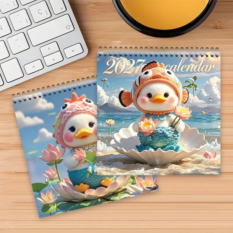 2027 Calendar Beach Shells and Small Fish Set Plush Little Duck Summer Lotus Healing Wall Calendar (8.27 in x 8.27 in) 12-Month Spiral Wall Calendar, Thick Paper Home Office Decoration, Monthly Layout, Illustrated Cover with Super Cute and Humorous Design