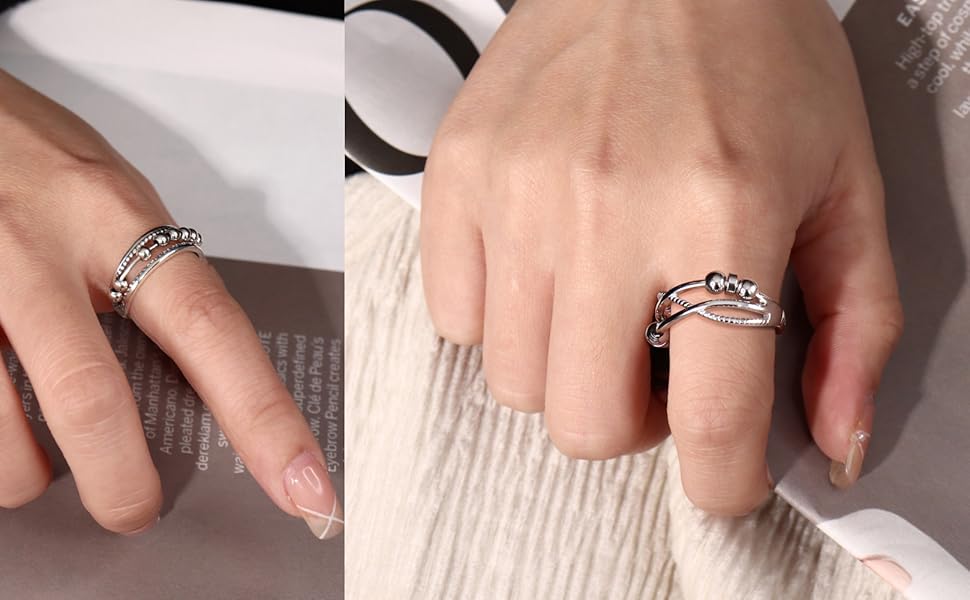 Sanfenly 925 Sterling Silver Anxiety Ring for Women Men Peace Rings for Anxiety Stress Relief Wedding Promise Ring Adjustable Thumb Rings