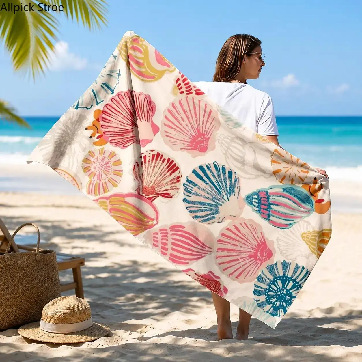 Quick-Dry Beach Towel With Colorful Shell Print, Reusable Non-Shedding Swim and Bath Towel, Portable Travel Towel for Vacation, Lightweight Absorbent Fast-Drying