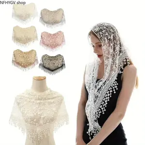 Women’s 6PCS Delicate Lace Fabric Mantilla Veil, Classic Triangle Catholic Church Head Scarf Decorated With Floral Tulle, Elegant Lightweight Religious Chapel Accessory Specially Designed For Attending Church Mass Daily