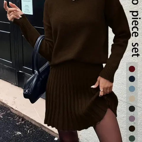 Women's Fashion Sweater Set, Elegant High Neck Knit Top & Short Skirt, Casual Commuter, Daily Wear Clothing, Skirt Top Sets