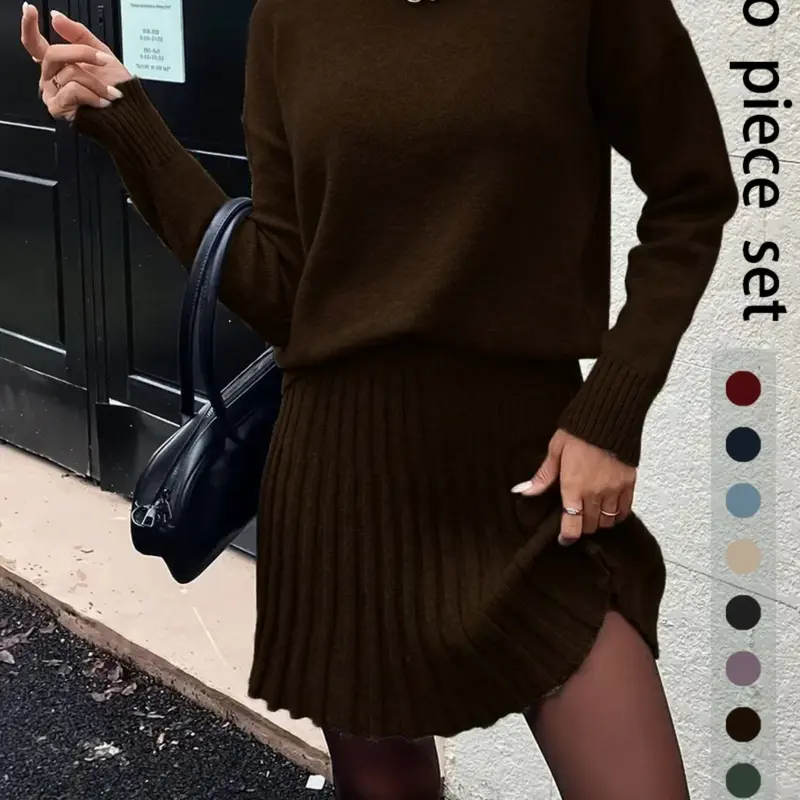 Women's Fashion Sweater Set, Elegant High Neck Knit Top & Short Skirt, Casual Commuter, Daily Wear Clothing, Skirt Top Sets