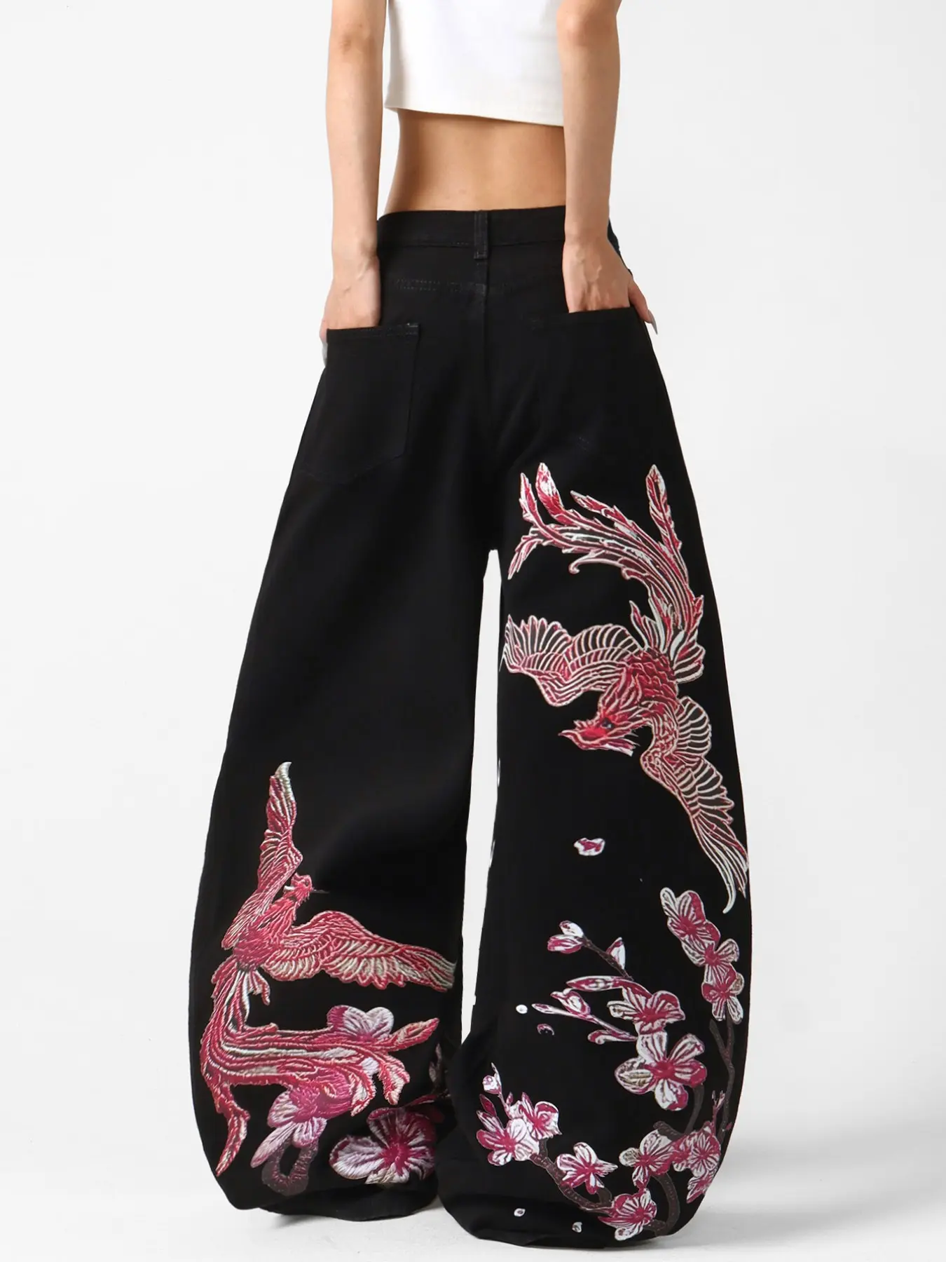 Women's Wide Leg Jeans, New Chinese Style Phoenix Plum Embroidery, Y2K Street Fashion High Waist Loose Long Pants, No Belt Included