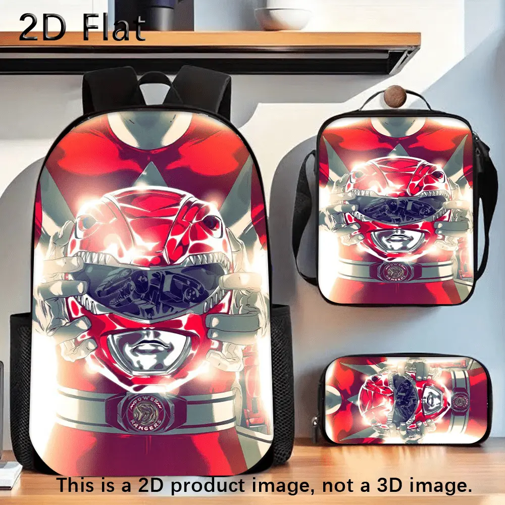 Durable Water Resistant 3-Piece Backpack Set for Kids, Lightweight School Bag with Lunch Box, White Radial Light Burst Background Red Ranger Dino Helmet Close-Up Retro Tokusatsu Comic Graphic Print, Spacious 15in Laptop Backpack with Soft Padded Straps