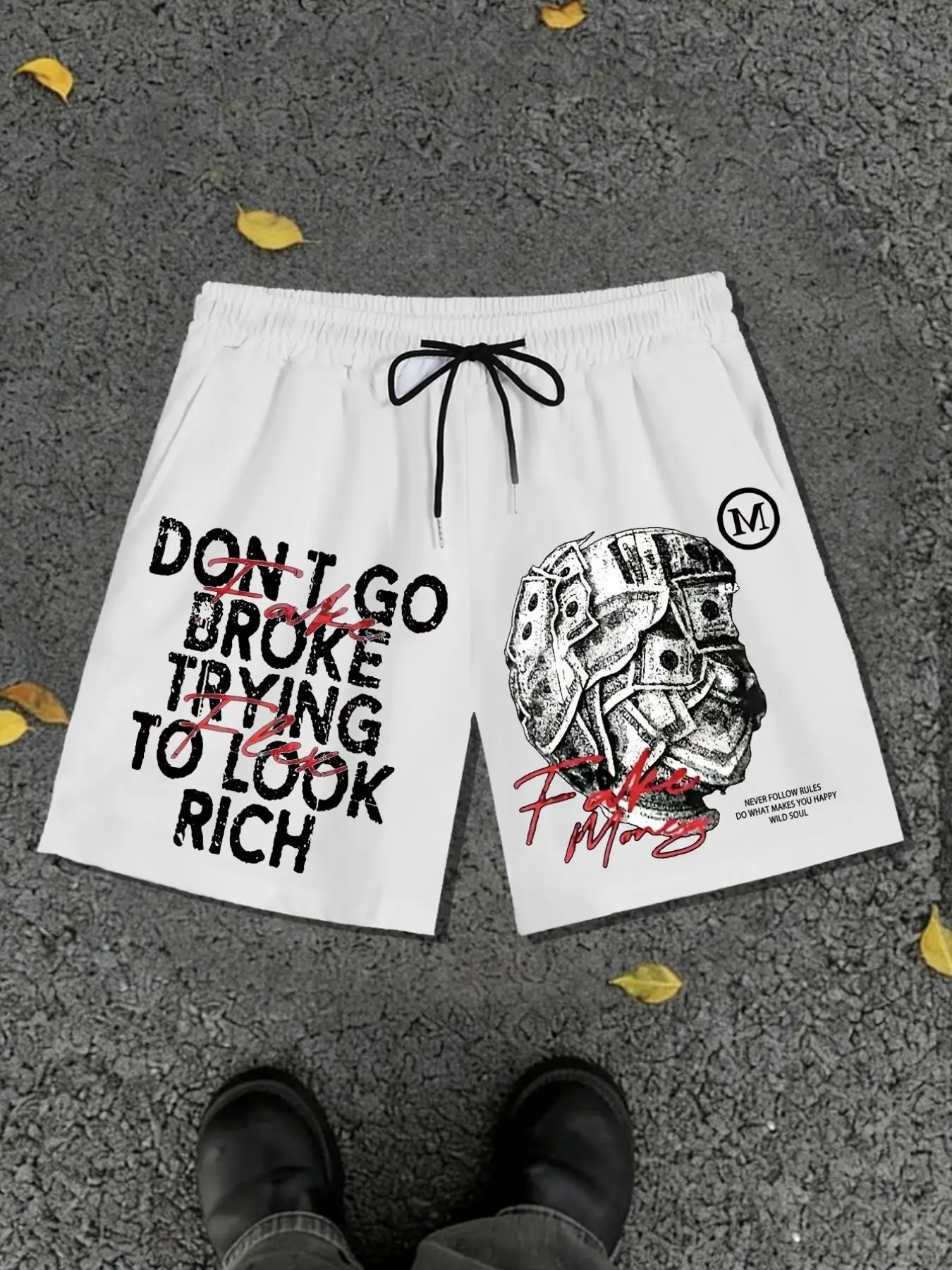 "Don't Go Broke Trying to Look Rich" Graphic Shorts - Men's High Street Summer Wear, Hip-Hop Aesthetic with Money Graphic for Gym & Daily Outfits.