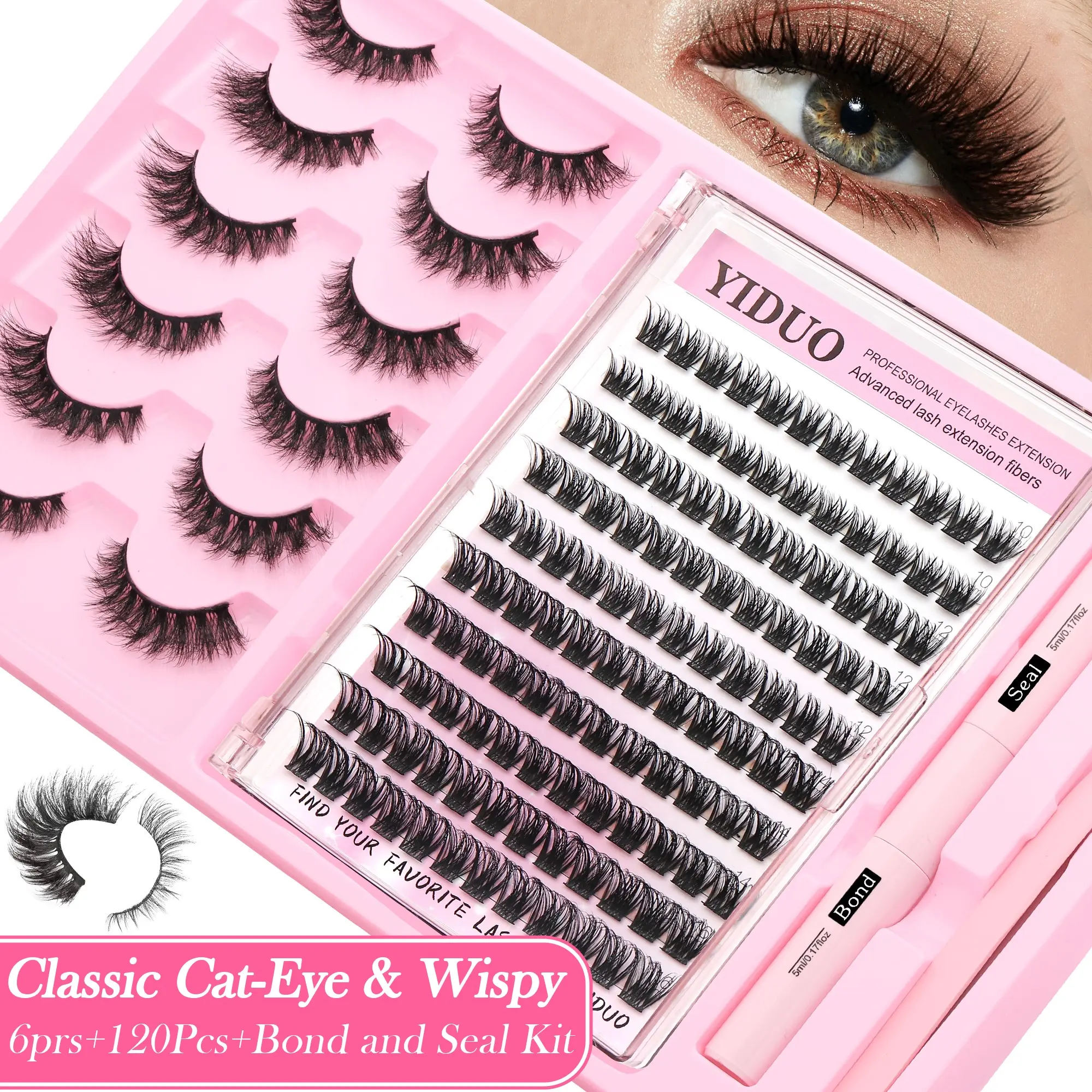 YIDUO Complete Lash Extension Set – Dramatic Volume, Cat Eye-Style Wispy  Includes Bond & Seal for Up to 24H Hold, Durable Tweezers, and Ultra-Thin Cotton Bands – Beginner-Friendly DIY Kit,  Airy Definition – Perfect for Cat-Eye or Round Eye Maps.