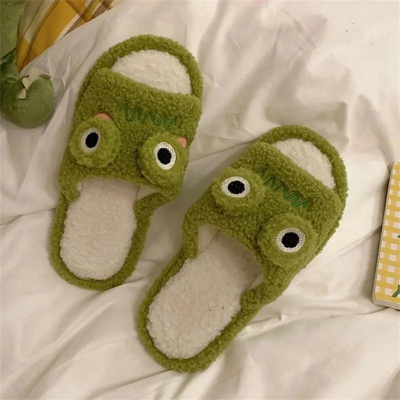 Unisex Soft Faux Fur Slip-On Slippers - Cute Cartoon Frog Design, Winter Warm Acrylic-Nylon-Polyester Plush, Flat Sole Casual Indoor House Slides Footwear