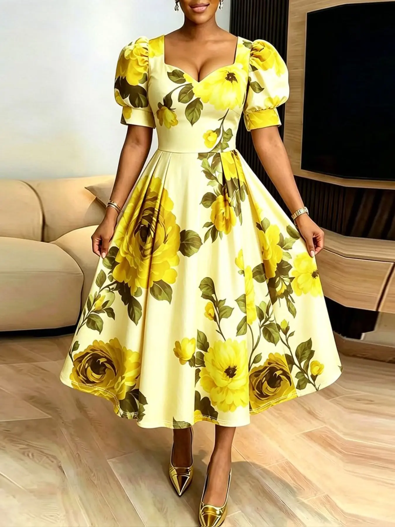 Classic Sweetheart Neckline Dress, Romantic Puff Sleeve, Fitted Waist, Flowy A-Line Skirt, Smooth Fabric, Print, Perfect for Brunch, Weddings, Church, Dates