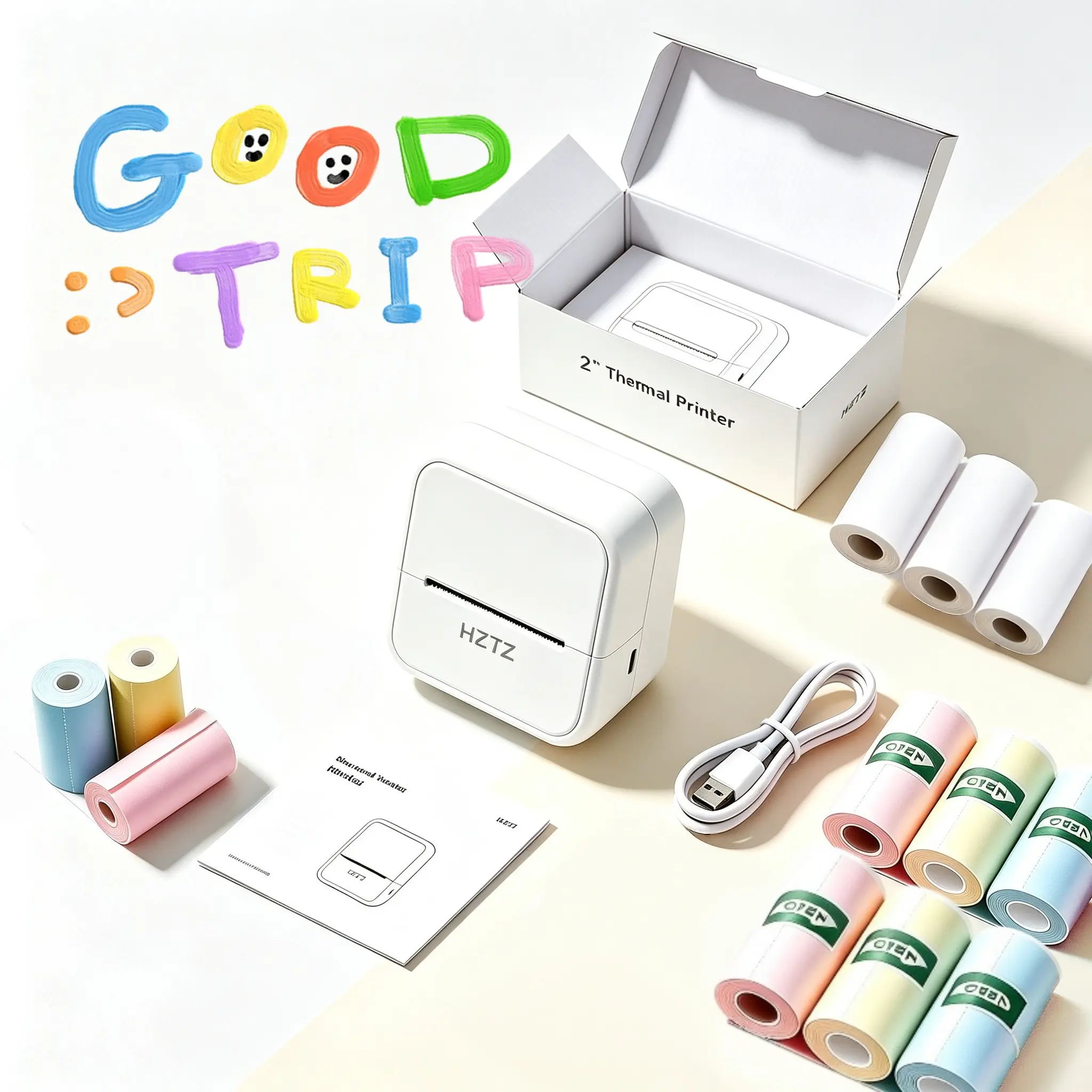 Portable Mini Printer, Inkless Thermal Label Printer with 12 Rolls, Compatible with iOS and Android, Ideal for Photos, Notes, DIY Projects, Thermal Label Maker