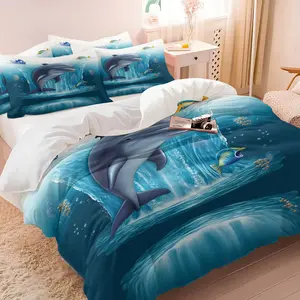 Ocean Theme Duvet Cover Set- 1 Duvet and 1-2 Coreless Pillowcases - Blue and White Gradient Dolphin Tropical Fish Bubble Coral Design - Soft Comfortable Bedding Fresh Natural Style Bedroom Decor