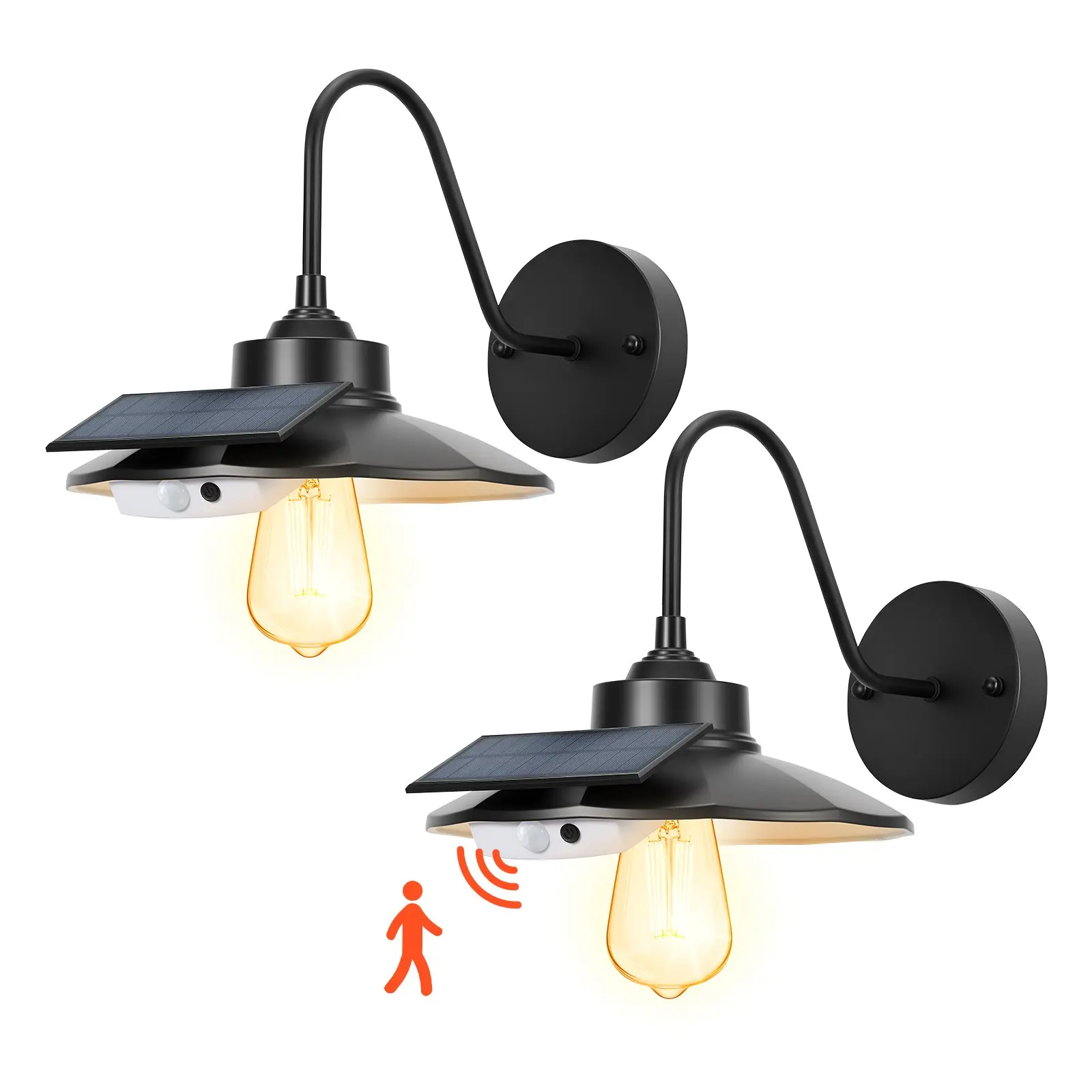 VEVOR Solar Outdoor Barn Light, 3 Lighting Modes and Motion Sensor, 2-Pack Gooseneck Light Fixture, Farmhouse Wall Sconce, with E27 Bulb Compatible, Waterproof for Porch, House, Entryway, Garage, Black