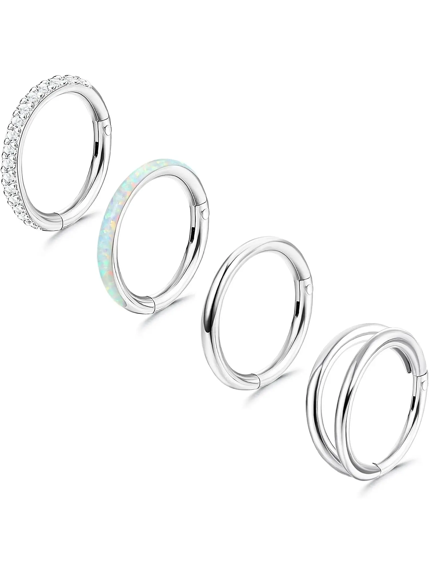4Pcs 16G Surgical Steel Hinged Clicker Septum Rings for Women Men, Inlaid CZ & Opal Segment Nose Hoops, Multipurpose Daith Tragus Conch Cartilage Piercing Jewelry, 8mm 10mm, Hypoallergenic for Daily Festival Wear