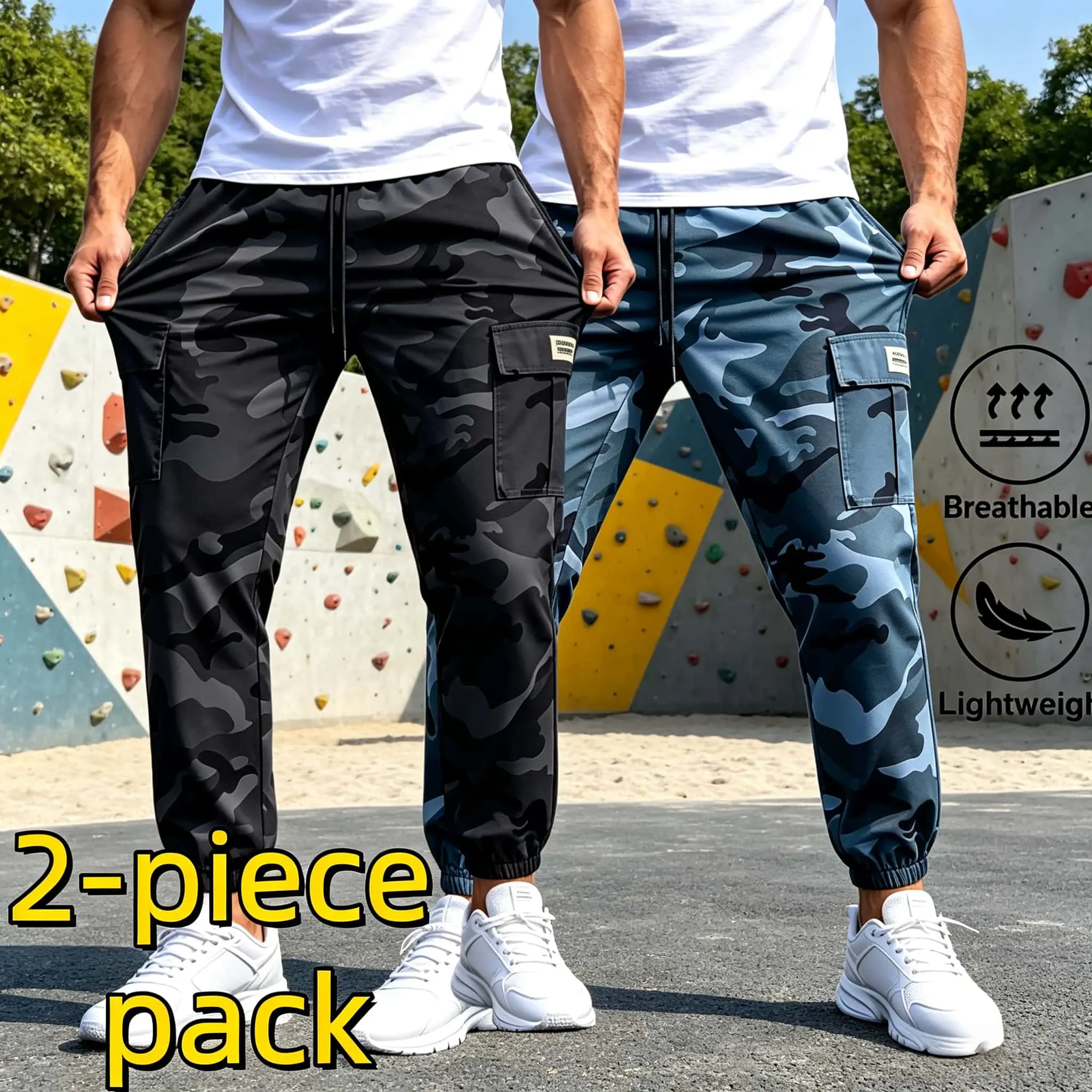 Men's 2-Piece Pack Camouflage Tiger Pattern Pants - Lightweight Breathable Adjustable Joggers, Multi-Pockets, Drawstring for All Seasons, Camouflage Tiger Pattern Men's Pants