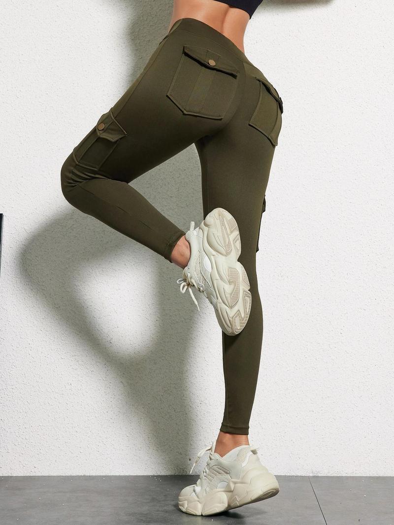 Women's Plain Flap Pocket Button High Waist Leggings, Casual Comfy Breathable Skinny Cargo Pants for Daily Wear, Ladies Bottoms for All Seasons, Leggings for Women, Pants for Women