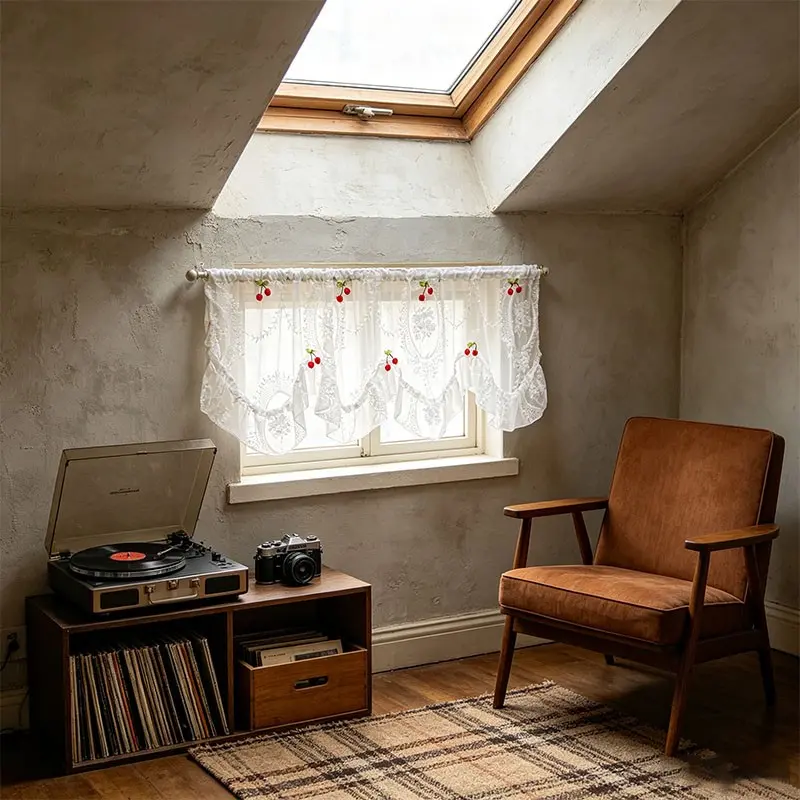 Mirror Flower Lace Curtain, Hollow Out Embroidery, 3D Cherry Pendant, Wave Ruffle Half Curtain, Slanted Window Loft Sheer Curtain, Sheer Valances For Windows