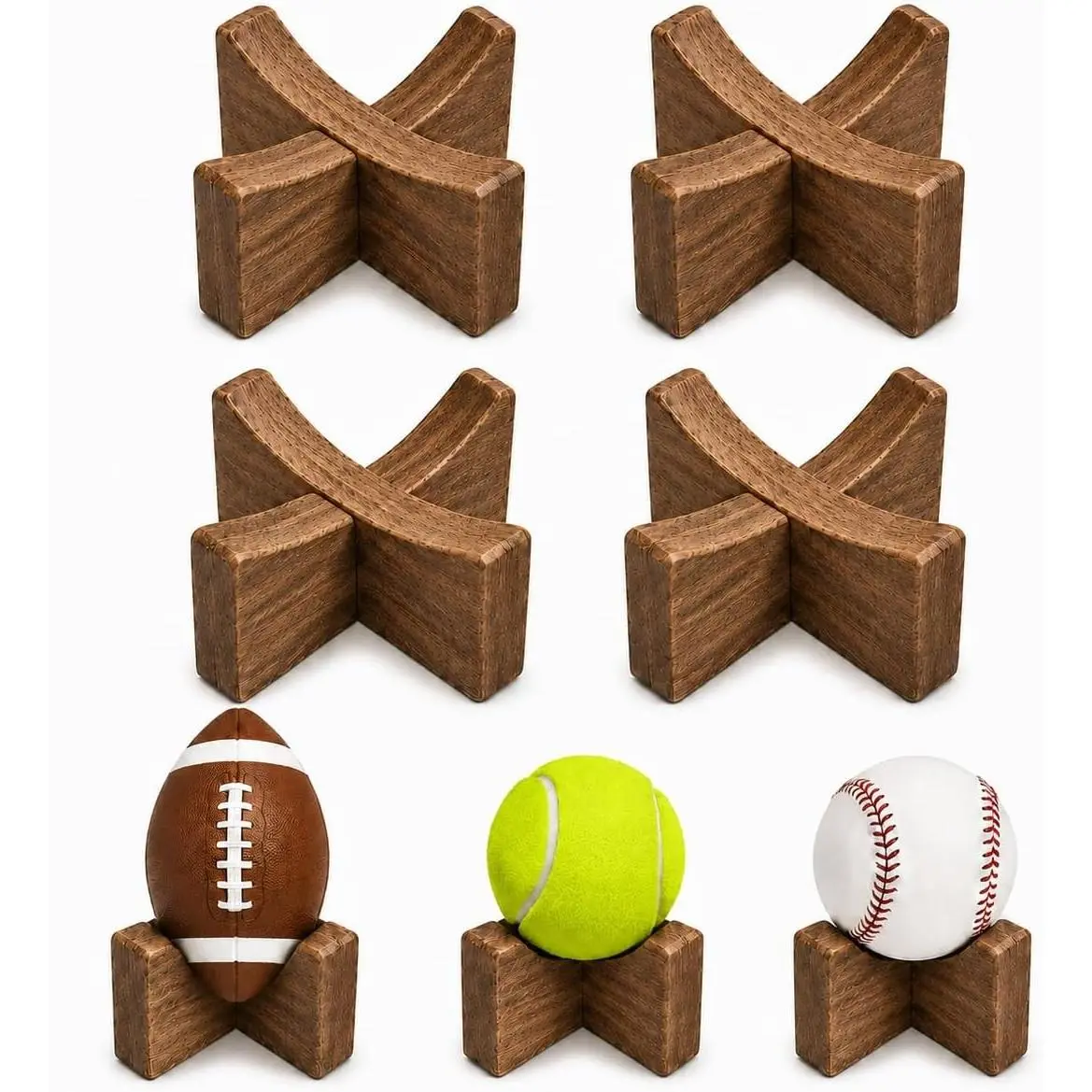 Wooden Ball & Bat Stand Holder Display Stable Wood Holder for Basketball Football Soccer, Table Centerpieces for Baseball Sports Lovers 4 Pcs