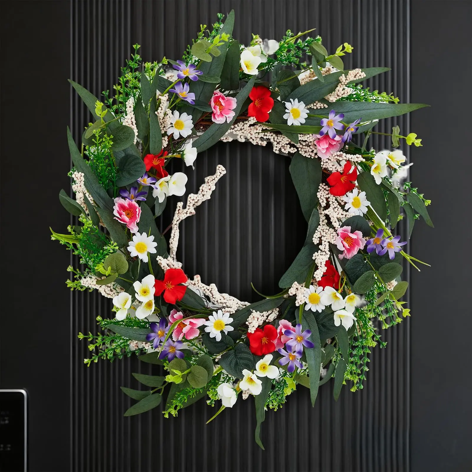 GAOMON 20-in Round Floral Wreath, Lightweight Artificial Spring Flower Decor with Eucalyptus for Front Door
