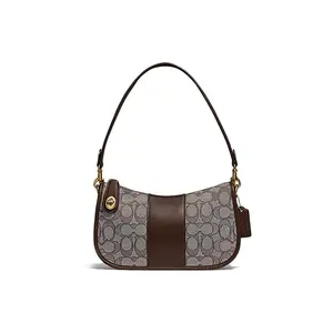 Coach Swinger Crossbody Bag for Women – Vintage-Style Classic Jacquard and Leather Handbag with Signature Turn-Lock Closure in Brown