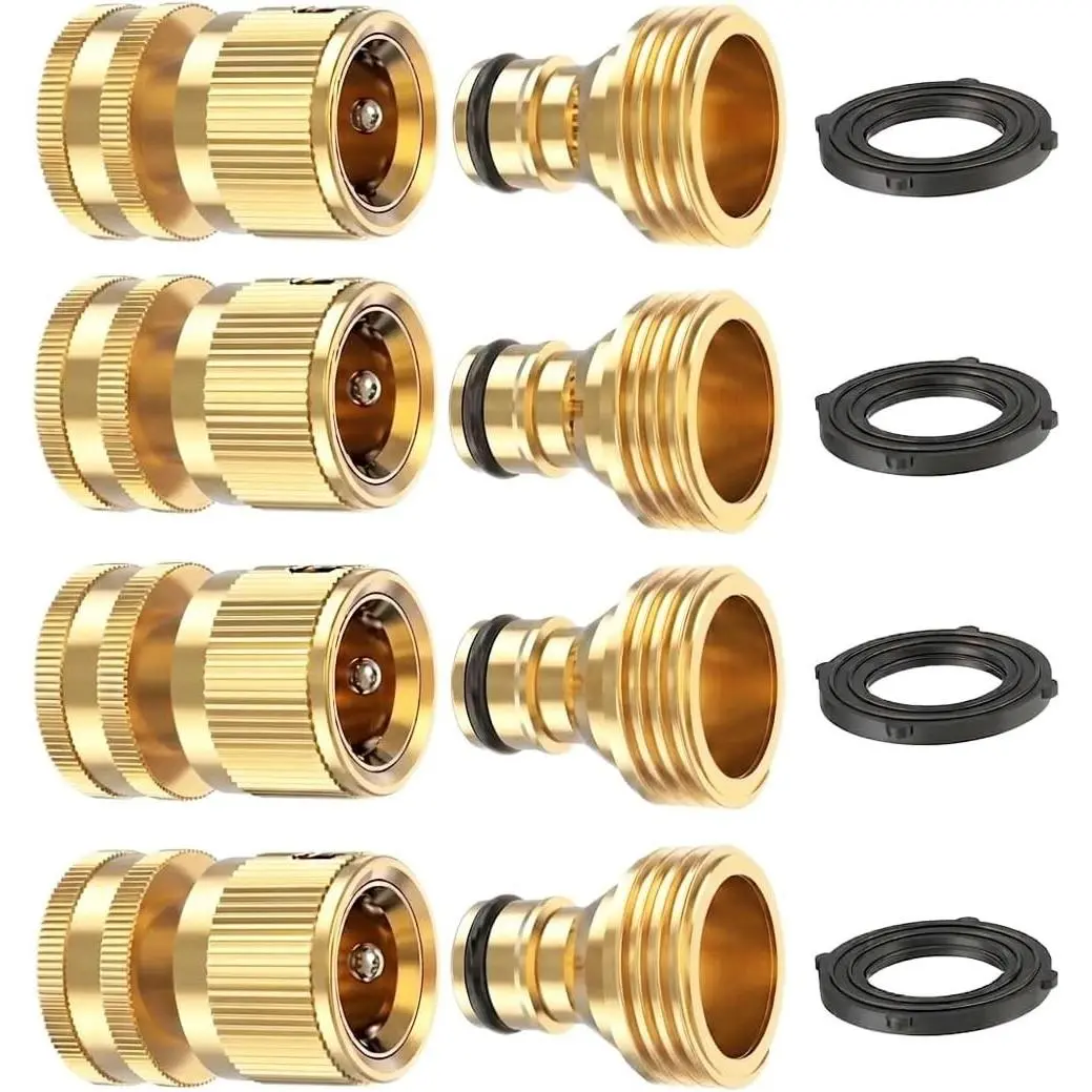 Garden Hose Quick Connect 3/4 Inch GHT Solid Brass Hose Connector Adapter Kit Fitting No-Leak Water Hose Female and Male Adapter (4 Sets)